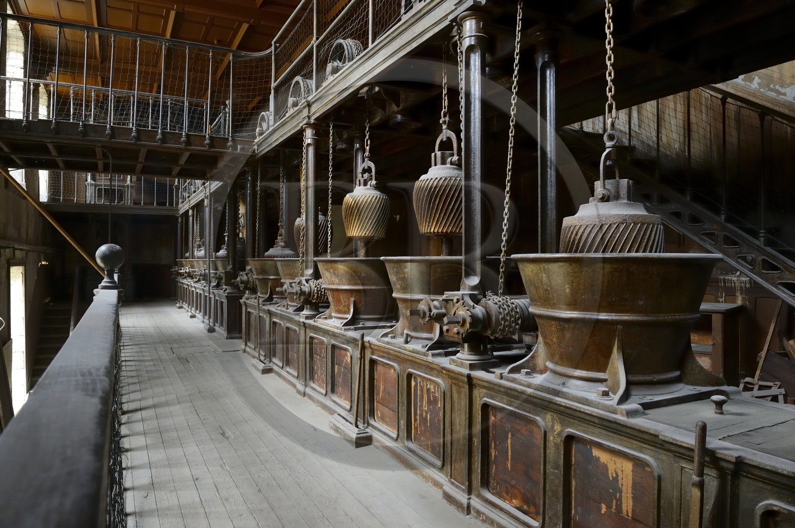 France, Finistere, Morlaix, engine room, grinders for cut tobacco to make snuff (1870)