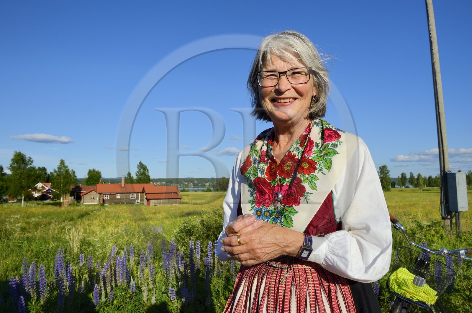 Suède, comté de Dalécarlie, région de Leksand, célébrations du solstice d'été dans le petit hameau de Hjulbäck, femme en costume traditionnel