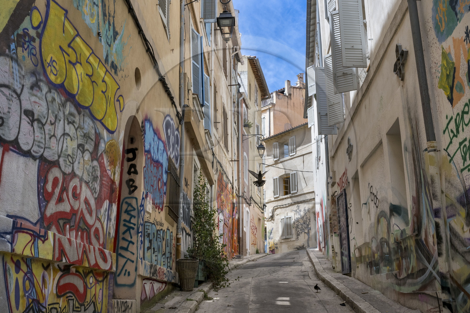 France, Bouches-du-Rhône (13), Marseille, quartier du Panier, peintures murales et graffitis dans la rue de l'Abadie
