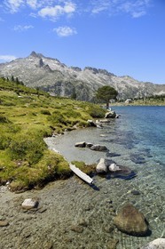 France, Hautes Pyrenees, Saint Lary Soulan and Vielle Aure, Neouvielle National Nature Reserve, Neouvielle lakes hike, Aumar lake and the peak of Neouvielle in the background