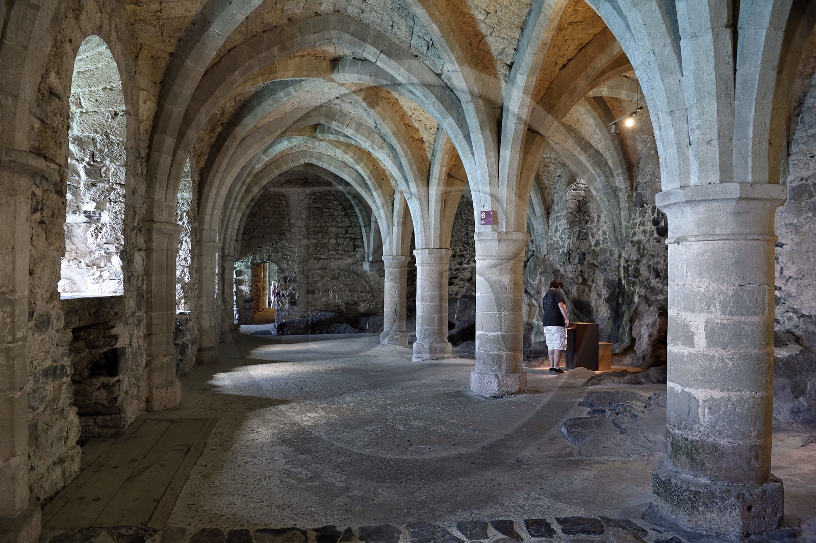 Suisse, Canton de Vaud, Veytaux, chateau Chillon sur les rives du lac Léman, les souterrains du château soutenues par de voûtes gothiques et dans lesquels le rocher est visible ont été utilisés comme prison puis comme lieu de stockage