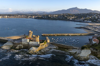 France, Pyrenees Atlantiques, Basque Country coast, Ciboure, the Socoa fort built under Louis XIII, remodeled by Vauban and its small marina in the bay of Saint-Jean-de-Luz, La Rhune mountain in the background (aerial view)