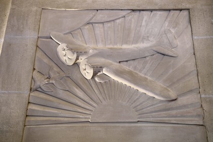 France, Allier (03), Vichy, Art Deco villa René Jeux, stylized bas relief of Jean Mermoz's plane at sunset