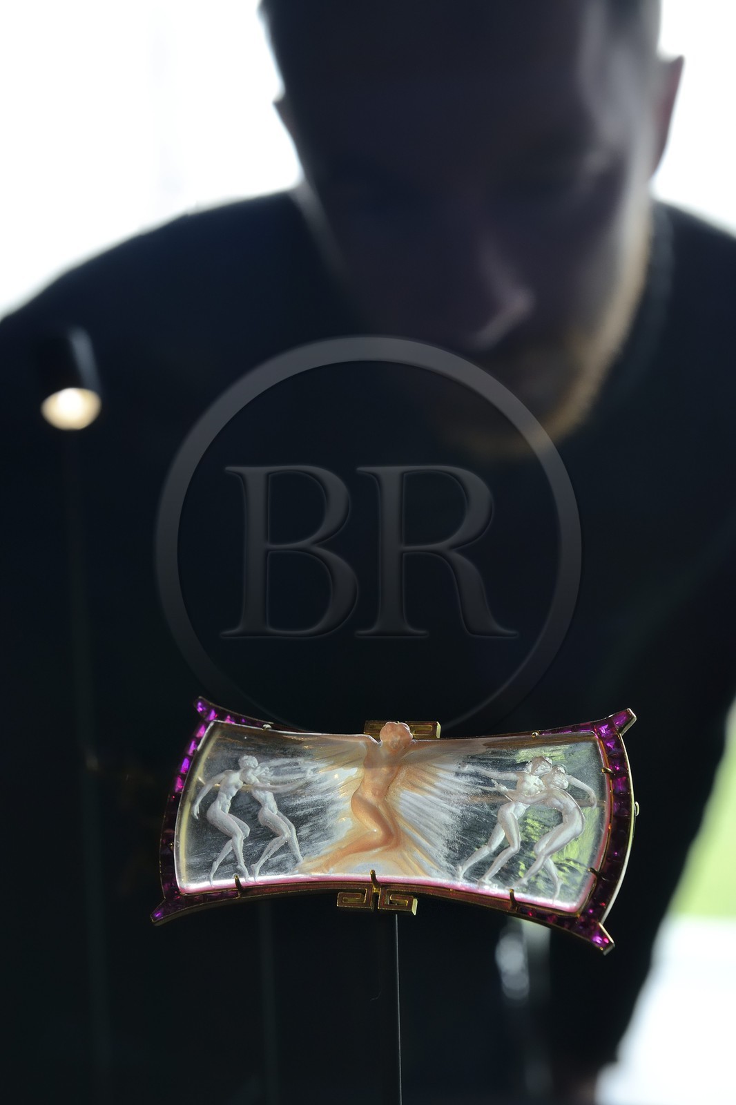 France, Bas-Rhin, Wingen-sur-Moder, Lalique museum, jewelry by René Lalique, The Rose Nymph brooch towards 1906-1908, in glass, gold, ruby and enamel