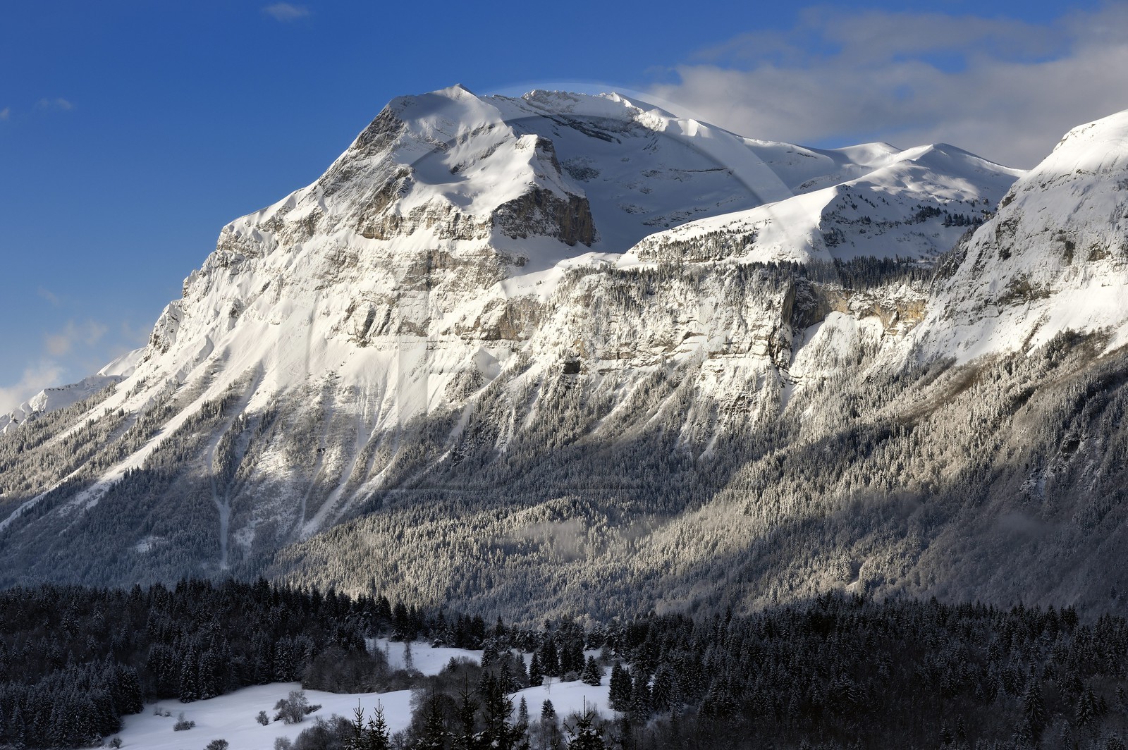 France, Haute Savoie, Araches la Frasse, Les Carroz d'Araches ski resort, the Aravis mountain range in the background