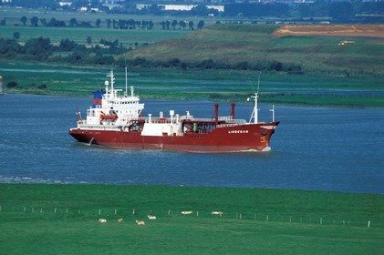 France, Eure, Marais (marsh) Vernier, a cargo going upstream the Seine river