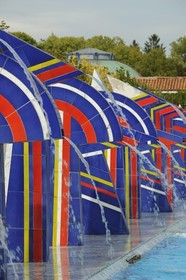 France, Vosges, Contrexeville Spa and health Resort, place des fontaines (fountain Square), rectangular Square with its prophyry cobblestone, it bears 24 fountains made of Carrare marble and enamelled lava, standing high between 2,50 and 3,50 metres