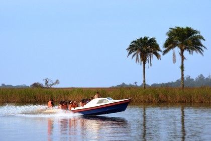 Gabon, Ogooue-Maritime Province, motor boat on the Fernan Vaz (Nkomi) lagoon
