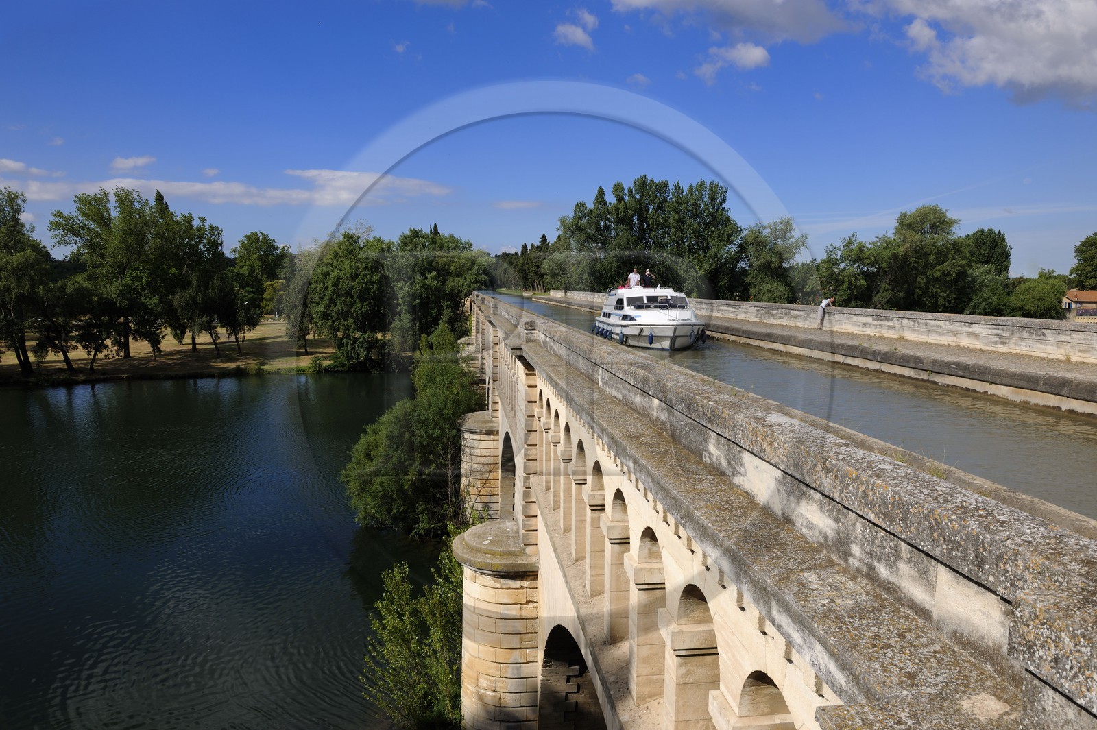 France, Herault, Beziers, the Canal Bridge from the Canal du Midi, listed as World Heritage by UNESCO, overcrossing the river Orb