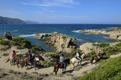 France, Haute-Corse (2B), Nebbio, désert des Agriates, Anse de Peraiola, cavaliers à l'Est de la plage d'Ostriconi