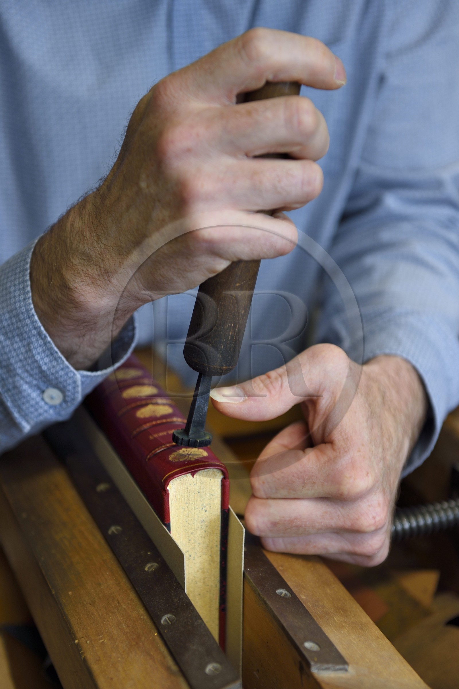 France, Dordogne (24), Périgord Blanc, Périgueux, Christophe Legrand dans son atelier de reliure d'Art, dorure et cartonnage
