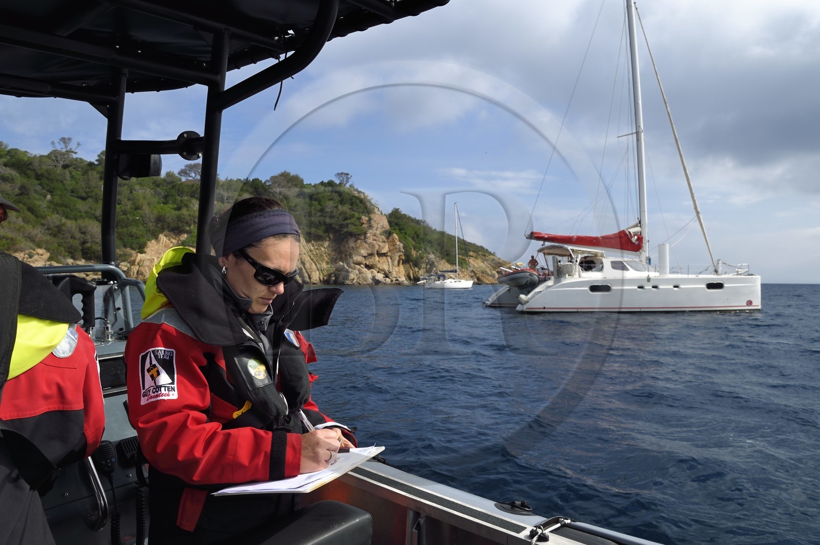 France, Var, Iles d'Hyeres, Parc national de Port Cros (National park of Port Cros), Port-Cros island, Gaelle Urvoy, supervisor of the Port-Cros National Park on a surveillance tour