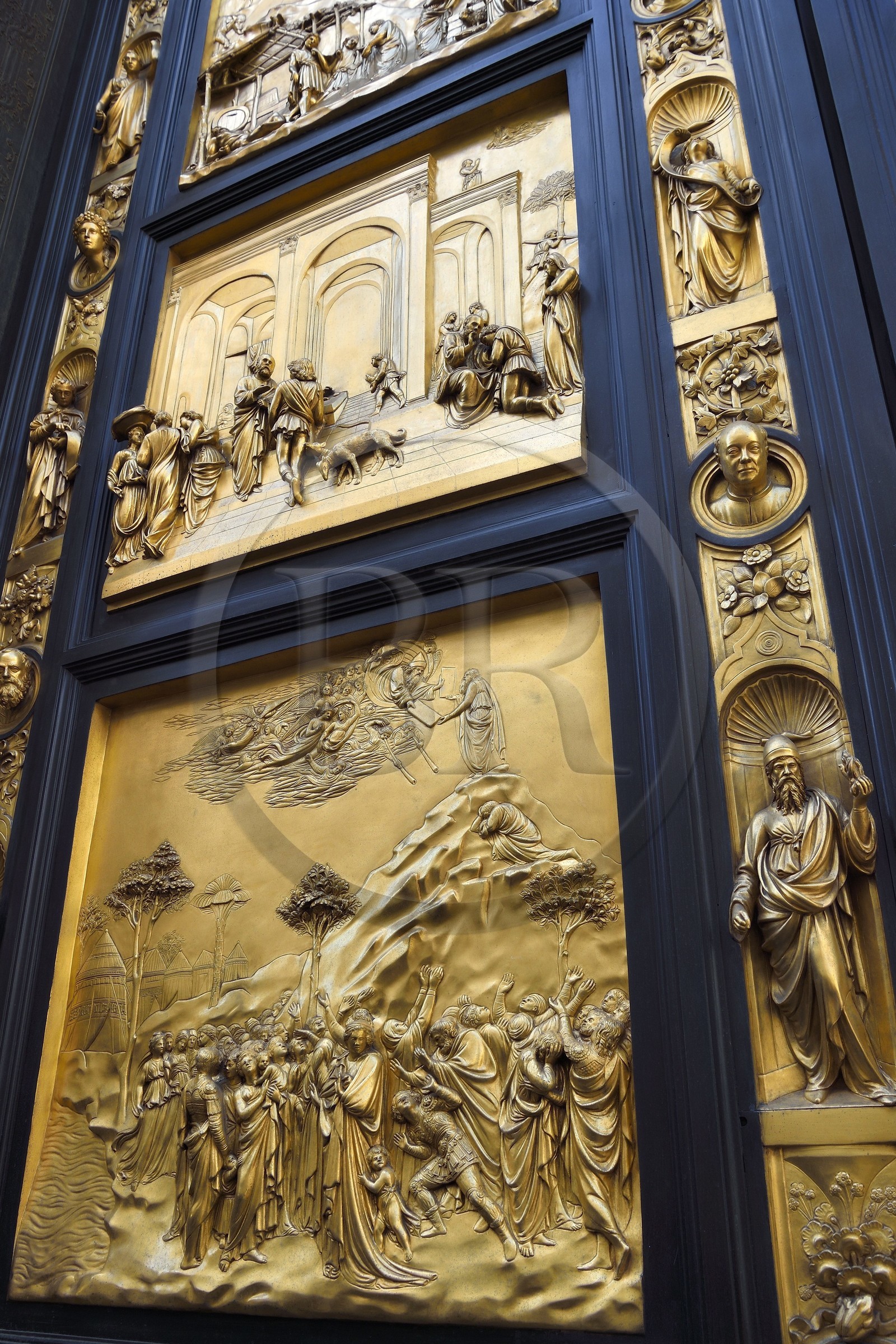 Italy, Tuscany, Florence, listed as World Heritage by UNESCO, Duomo District, San Giovanni Baptistery (Baptistery of St John), Porta del Paradiso (Gates of Paradise), decorated door with a Bible scene carved by Ghiberti, self-portrait of Lorenzo Ghiberti in the center on the right