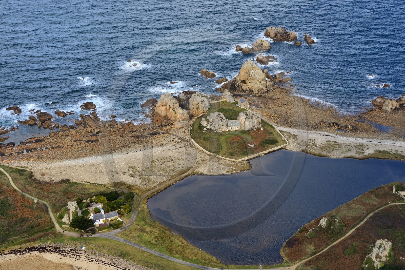 France, Cotes-d'Armor, Cote d'Ajoncs, Plougrescant, Pors Scaff cove, the little house of Castel Meur, any commercial representation of this house is forbidden (aerial view)