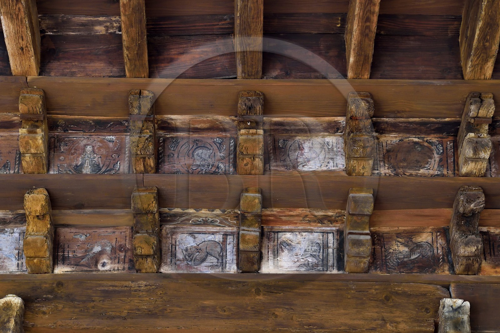 France, Var (83), Fréjus, la cathédrale Saint Léonce (XVIe siècle), cloitre canonial roman du XIIe siècle, plafond peint des galeries du XIVème siècle