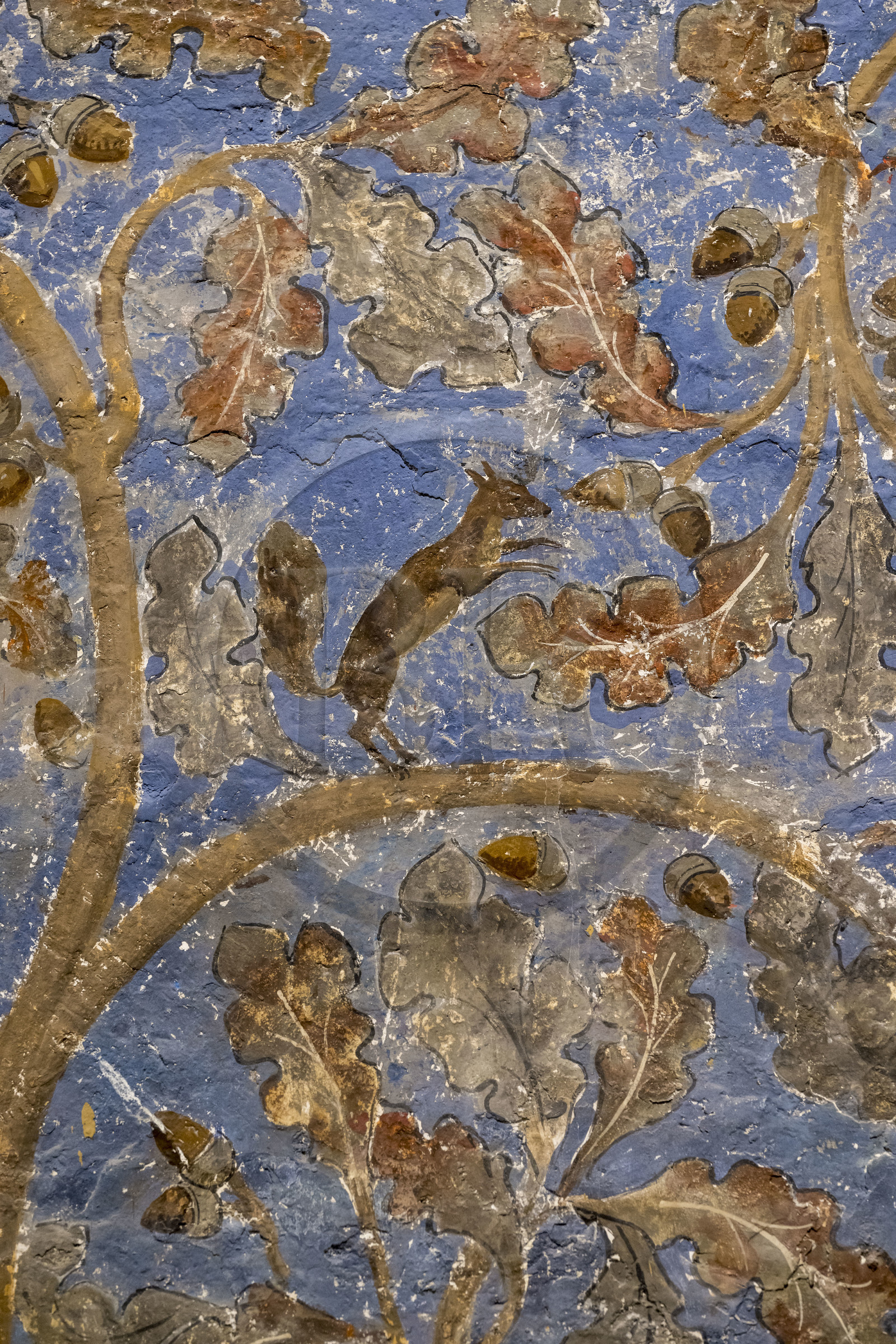 France, Vaucluse (84), Avignon, Palais des Papes classé Patrimoine mondial de l'UNESCO, la tour des Anges ou tour du pape, chambre du Pape, un espace végétal à deux dimensions fait de rinceaux de vigne et de chêne, parsemés d’oiseaux et d’écureuils, orne les murs sur un fond bleu ciel