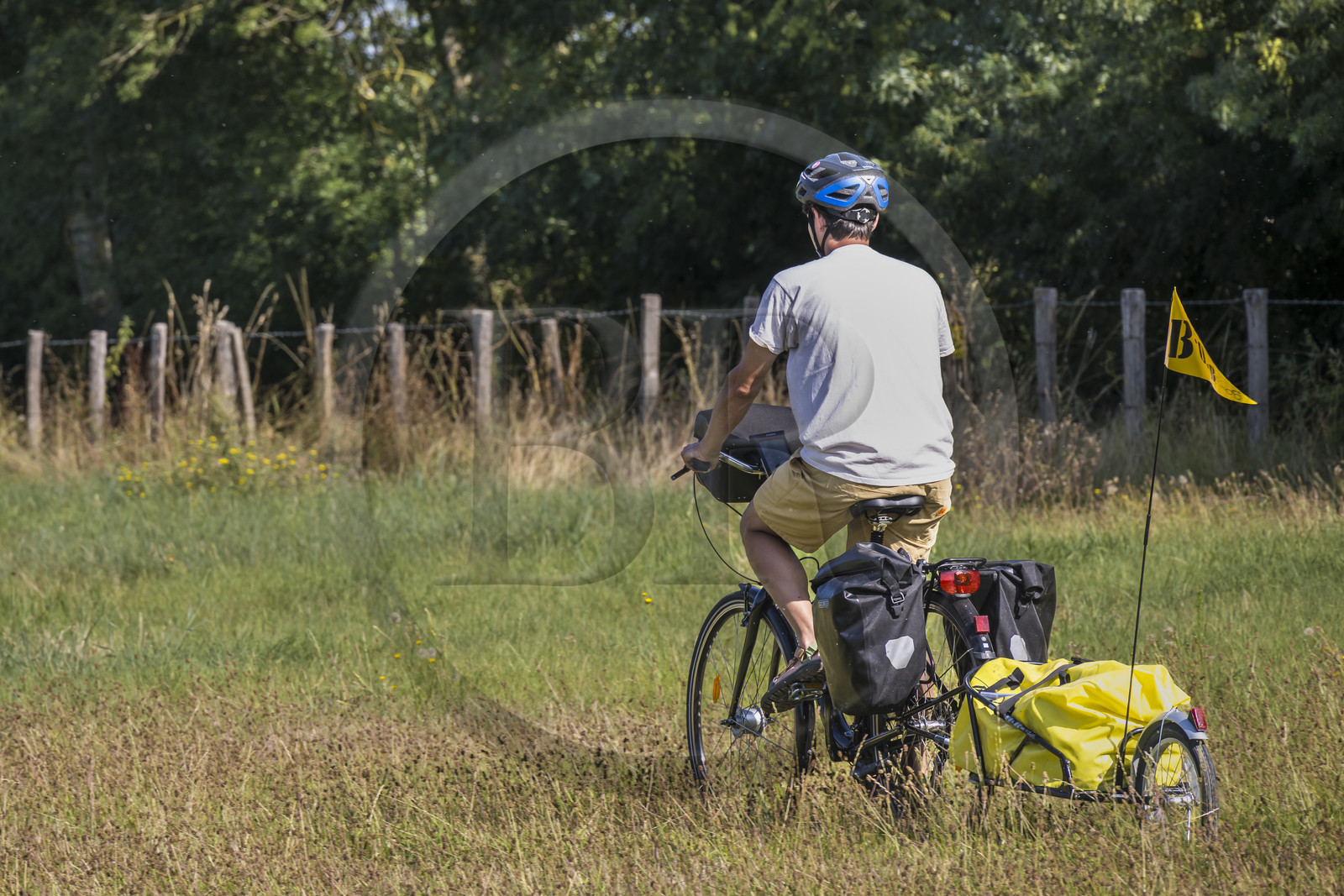 France, Maine-et-Loire (49), vallée de la Loire classée au Patrimoine Mondial par l'UNESCO, Saumur vers Saint-Hilaire, randonnée à bicyclette sur les berges de la Loire, vélo avec une remorque transportant le matériel de camping