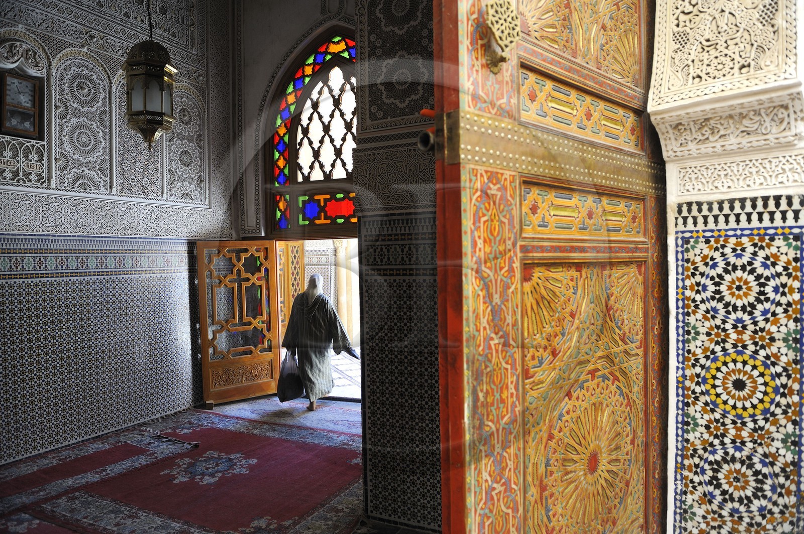 Morocco, Middle Atlas, Fez, Imperial City, Fez El Bali, medina listed as World Heritage by UNESCO, Zaouia funerary mosque of Sidi Ahmed Tijani, fine-cut facade and zelliges of the entry