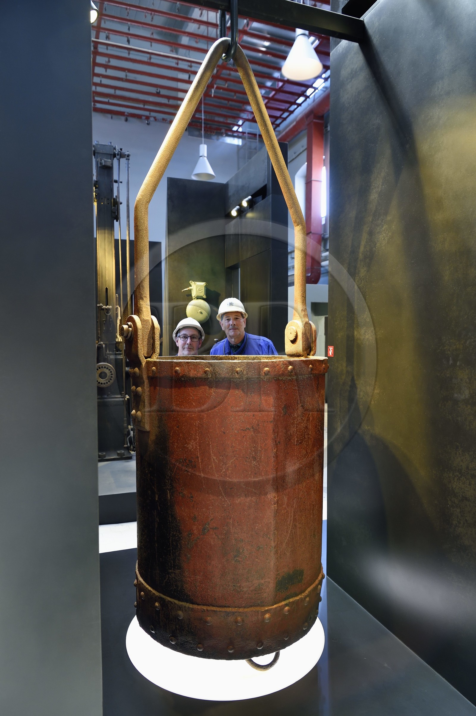 France, Moselle, Petite Rosselle, carreau Wendel museum, former miners behind a cuffat