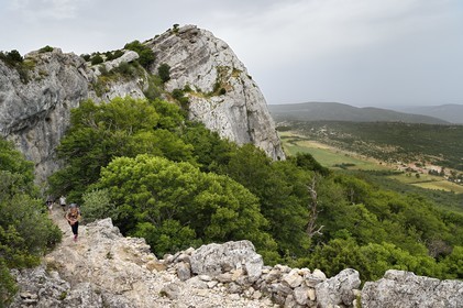 France, Var, Plan d'Aups Sainte Baume, Sainte-Baume Regional Nature Park, Sainte-Baume Massif, hikers climbing the Chemin des Rois on the GR 9 from the Hostellerie de la Sainte Baume in the lower right, the Saint-Pilon in the background
