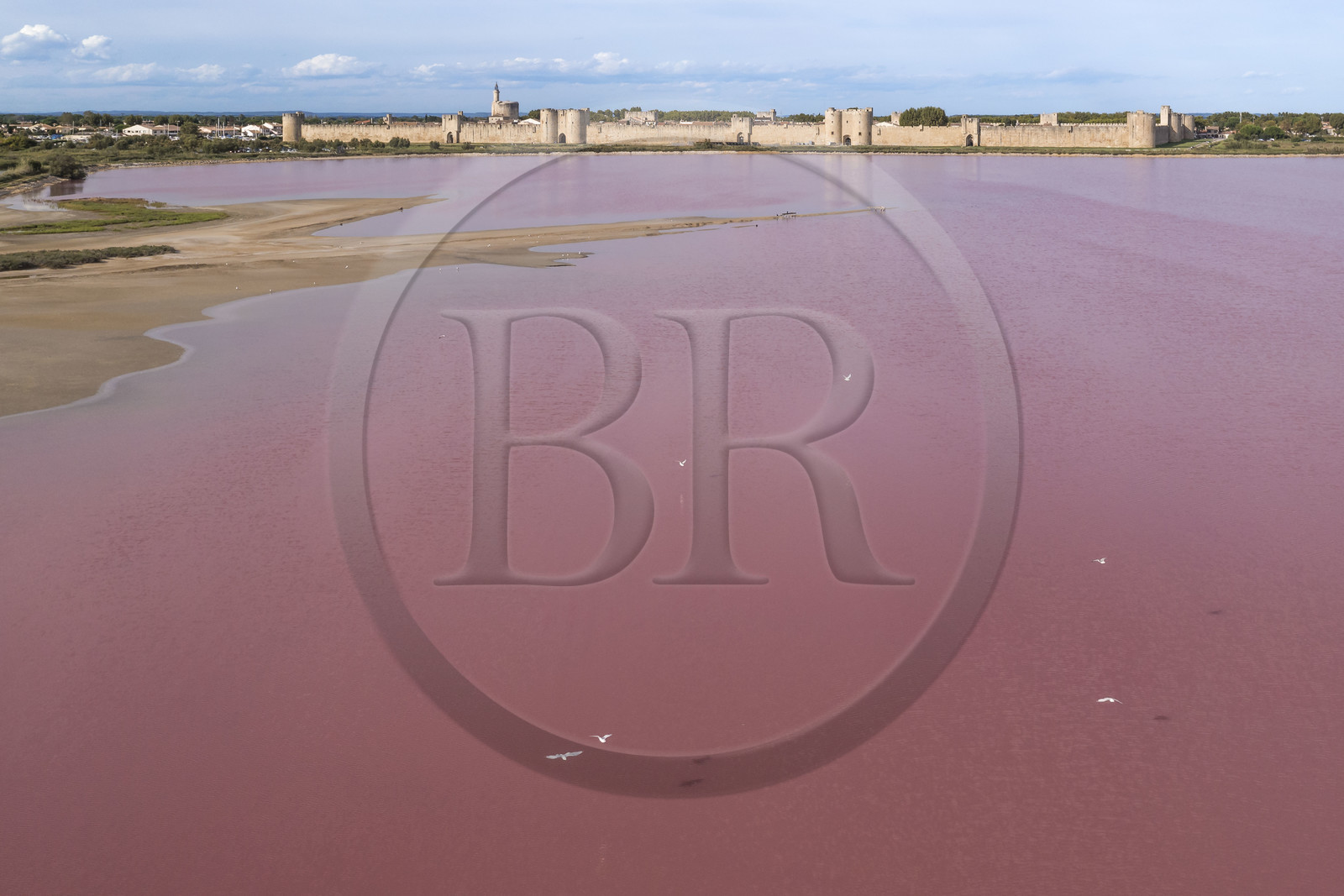 France, Gard (30), Aigues-Mortes, la ville médiévale entourée par ses remparts en bordure des marais salants (Salins du Midi) (vue aérienne)