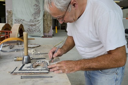 France, Rhone, Lyon, Saint Romain en Gal, Gallo-Roman Museum of Saint-Romain-en-Gal mosaics restoration workshop, restoration of a 2nd century mask of the house five mosaics