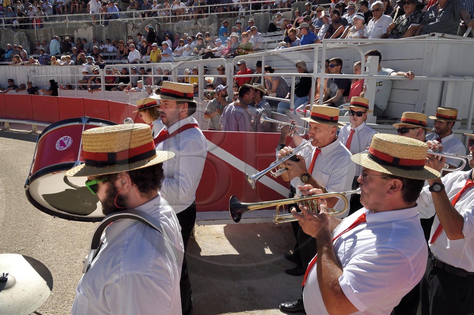 France, Bouches du Rhone, Arles, the course camarguaise of the Cocarde d'Or at the Arenas, arrval of the fanfare