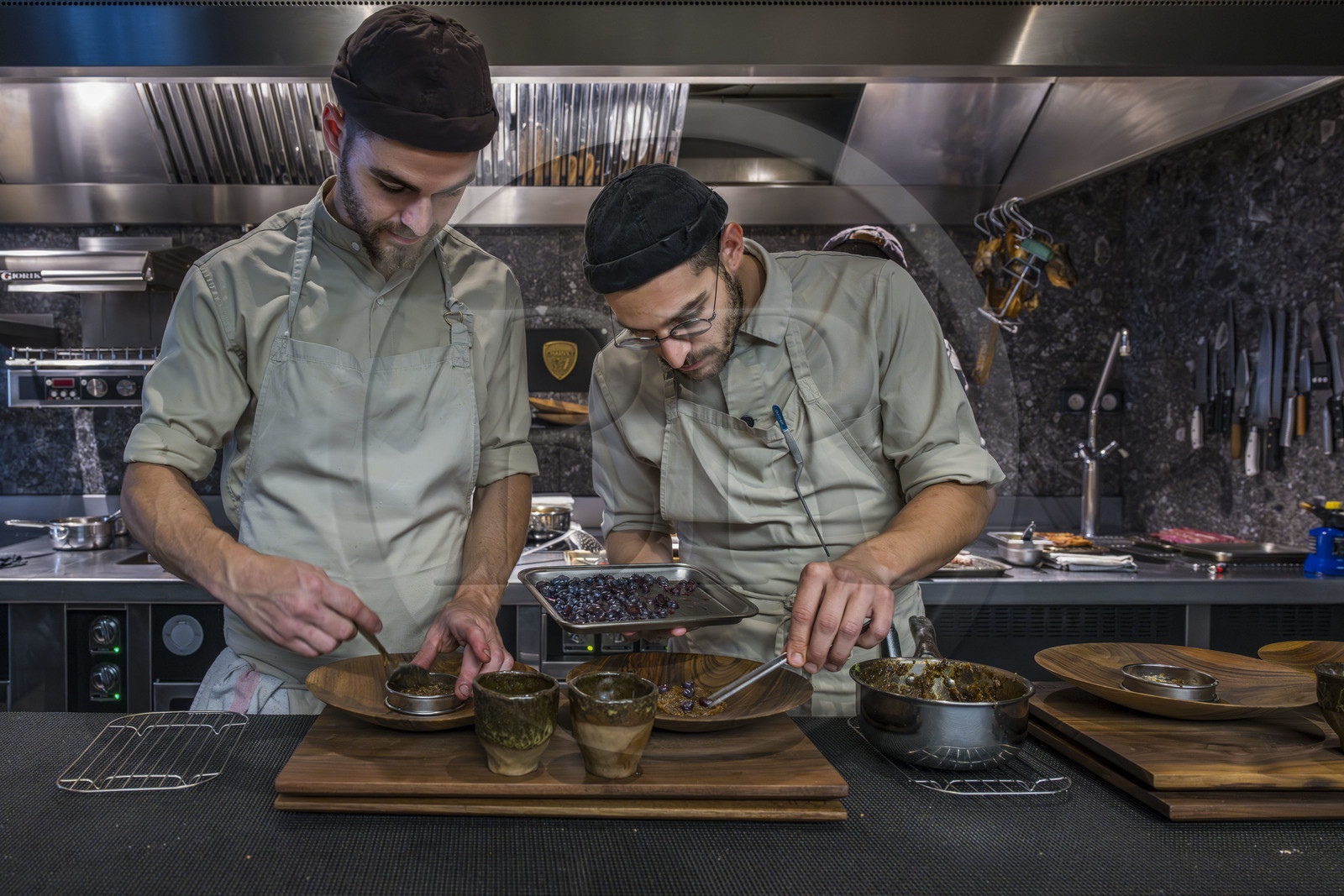 France, Cote d'Or, Dijon, area listed as World Heritage by UNESCO, Cibo restaurant by Michelin-starred chef Angelo Ferrigno, here in his kitchen