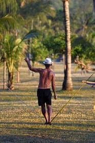 France, Reunion island (French overseas department), Petite-Ile on the southern coast, Grande Anse beach, exercise on a slackline