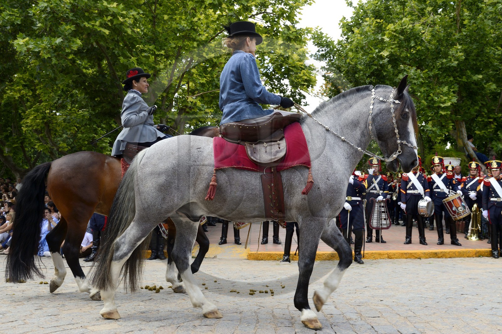 Argentine, province de Buenos Aires, San Antonio de Areco, fête du Jour de la Tradition (Dia de la Tradition), défilé de gauchos à cheval en habit traditionnel, femmes gaucha montant leurs chevaux en amazone