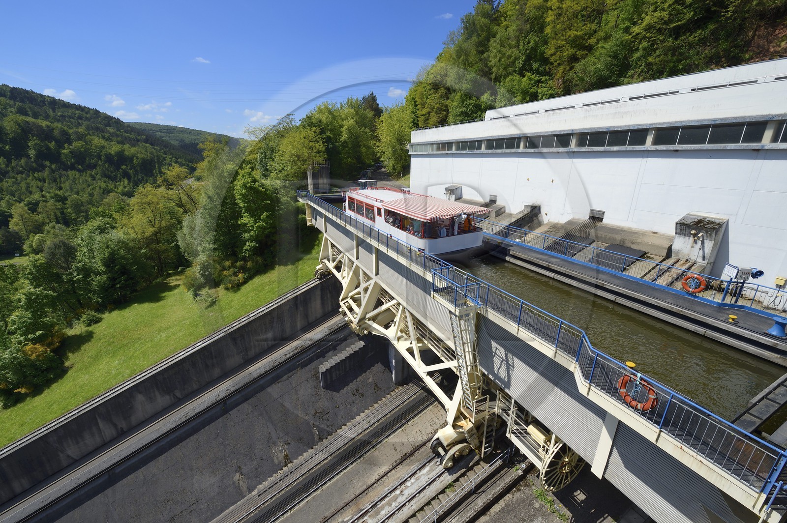 France, Moselle, the Saint-Louis-Arzviller inclined plane is part of the Marne-Rhine Canal (Canal de la Marne au Rhin) and enables the canal to cross the Vosges Mountains, it replaces 17 locks
