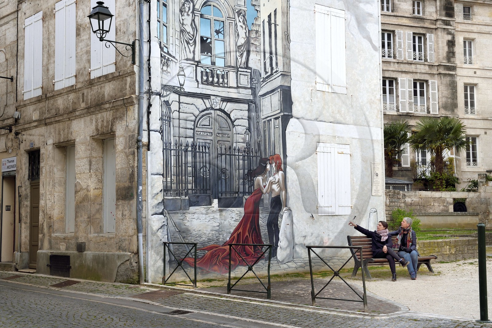 France, Charente, Angouleme, Saint-André square in the historic center, Memoires du XXème Ciel, painted wall from an original drawing by Yslaire and made by the Cité de la Création in 1999