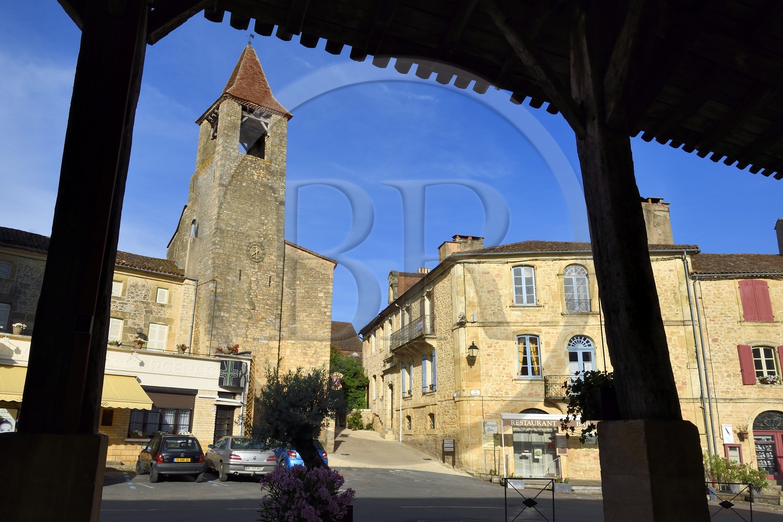 France, Dordogne, Perigord Noir, Belves, labelled Les Plus Beaux Villages de France (The Most Beautiful Villages of France), the Filhols Tower of 11th century housing the tourist office on Place d'Armes and 15th century covered market