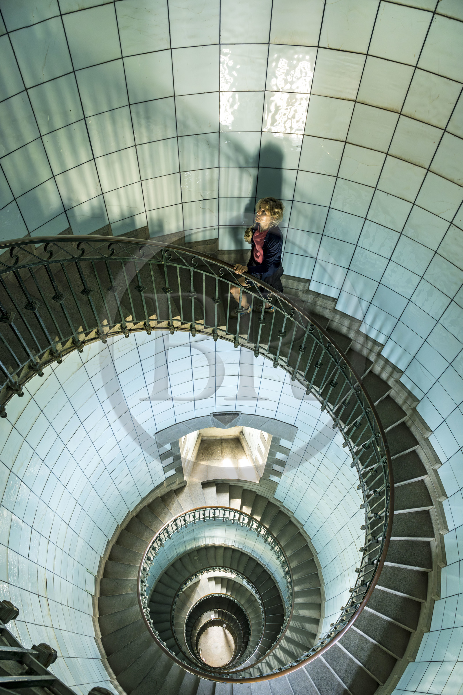 France, Finistère, Abers Country (Pays des Abers), Ile Vierge (Virgin Island) in the Lilia archipelago, the Virgin Island lighthouse, interior staircase of the tallest lighthouse in Europe at 82.5 meters