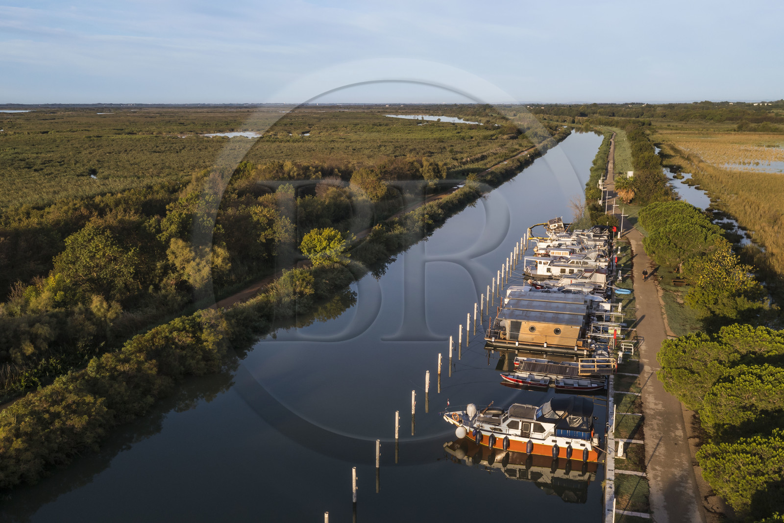 France, Gard, the Petite Camargue, Vauvert, the port of Gallician on the Rhone to Sète Canal early morning (aerial view)