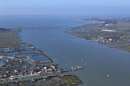France, Charente-Maritime (17), bassin de Marennes-Oléron, La Tremblade, port de la grève au premier plan, viaduc de la Seudre et viaduc d'Oléron au fond (vue aérienne)