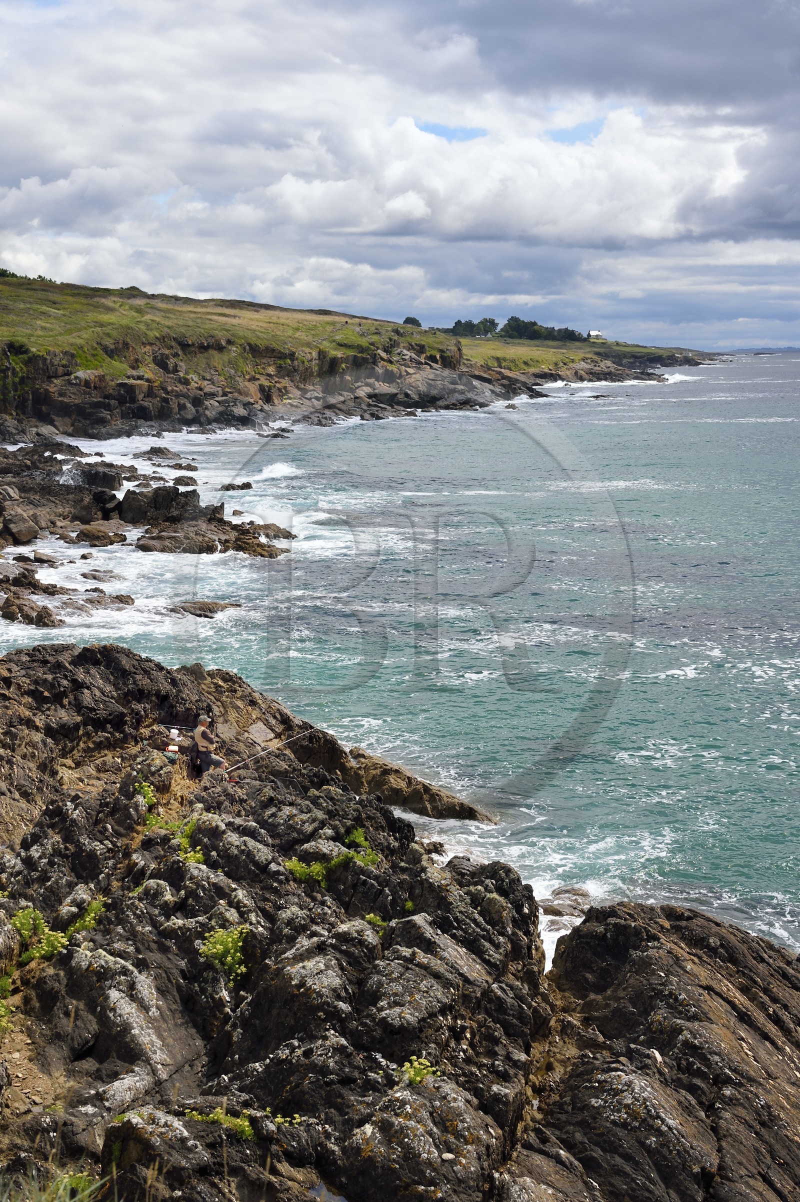 France, Finistere (29), Moelan sur Mer, the coast between Kerfany les Pins and the beach of Trenez along the GR 34 hiking trail or sentier des douaniers (customs trail), angler