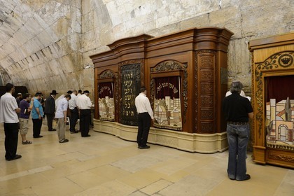 Israel, Jerusalem, holy city, the old town listed as World Heritage by UNESCO, covered part of the Western Wall part of the retaining walls of the Temple Mount built by Herod the Great, Orthodox Jews praying
