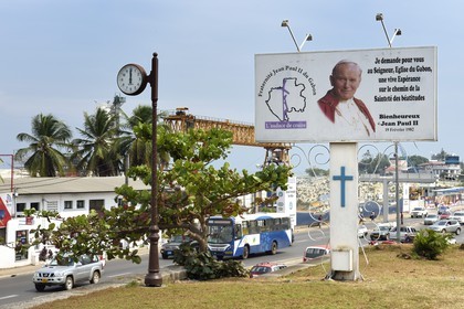 Gabon, Libreville, billboard in honor of Pope John Paul II in front St. Mary's Cathedral