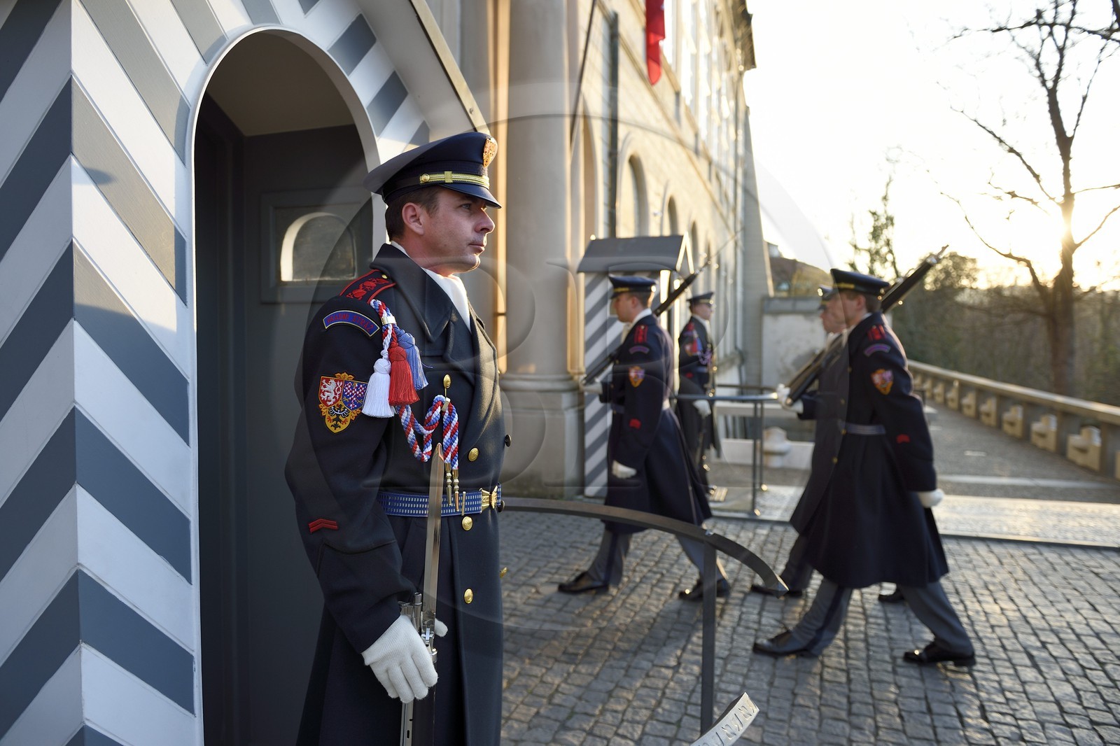République Tchèque, Prague, Hradcany (quartier du chateau), garde à l'entrée du chateau royal, relève de la garde