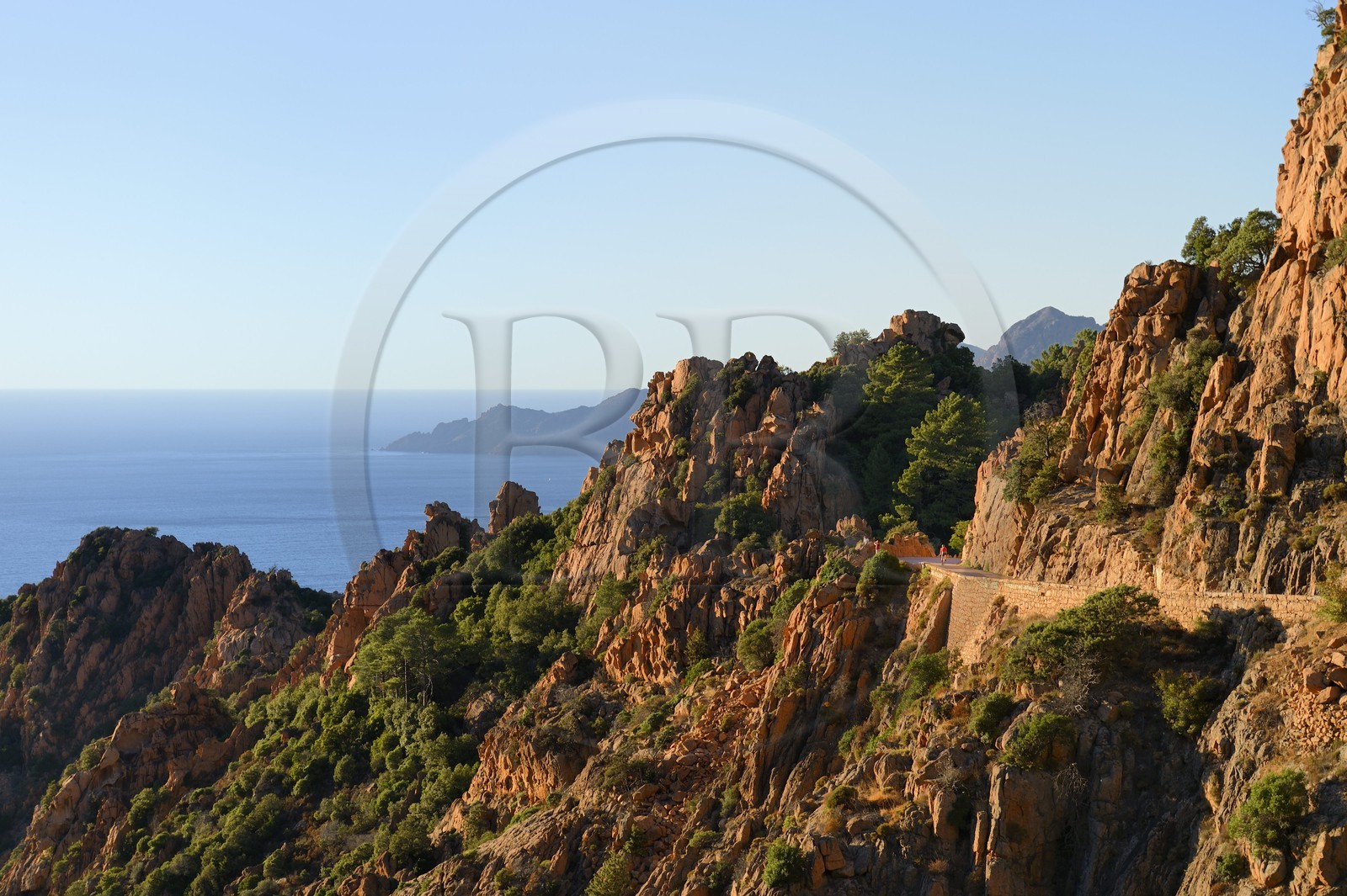 France, Corse du Sud, Golfe de Porto, listed as World Heritage by UNESCO,  the Creeks of Piana (Calanches de Piana) with pink granite rocks and the D81 road between Porto and Cargese