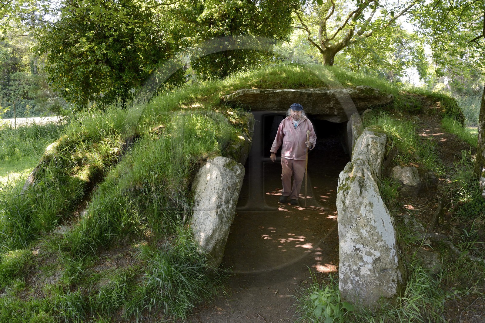 France, Finistère (29), parc naturel régional d'Armorique, Monts d'Arrée, Brennilis, le conteur Claude Le Lann explique la mythologie locale, les phénomènes energétiques et la puissance tellurique de certains sites, comme ici avec le dolmen de Ti Ar Boudiged (la maison des fées)