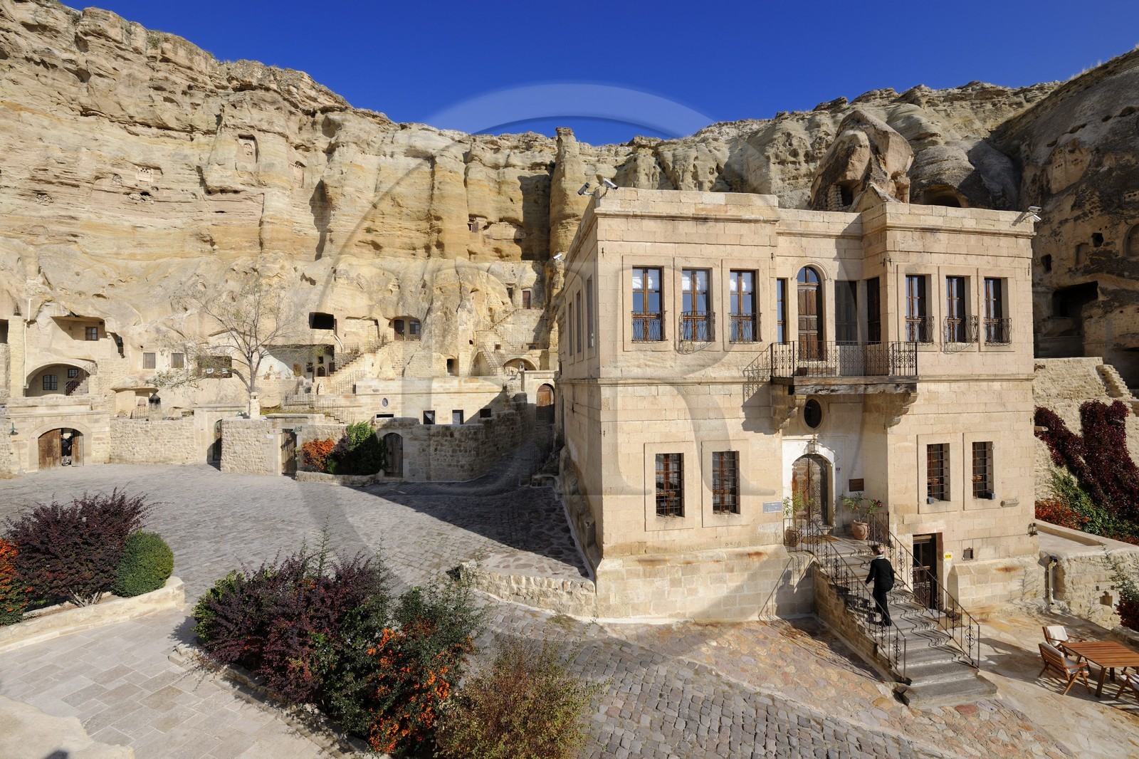 Turquie, Anatolie Centrale, province de Nevsehir, Cappadoce classée Patrimoine Mondial de l'UNESCO, Ürgüp, hôtel de luxe Yunak Evleri dans les anciennes maisons troglodytiques