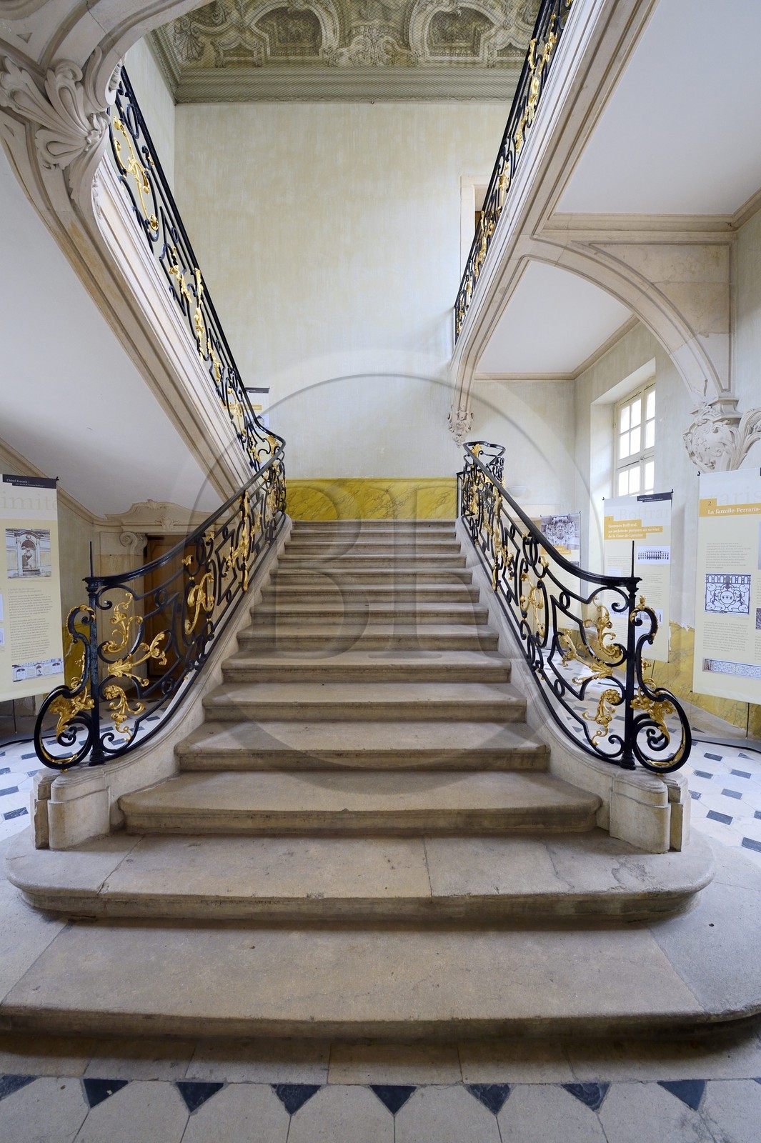France, Meurthe-et-Moselle, Nancy, Hotel Ferraris at 29 rue du Haut-Bourgeois, staircase  with black and gold ramp signed by Jean Lamour