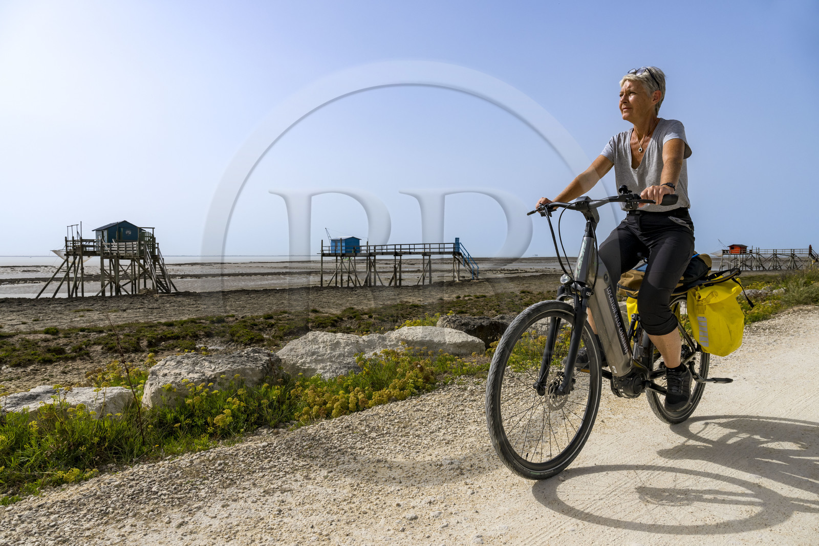 France, Charente-Maritime (17), Port-des-Barques, Ile Madame, cycliste en randonnée passant devant des cabanes sur pilotis appelées carrelets à marée basse