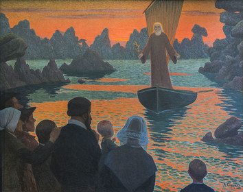 France, Côtes-d'Armor (22), Côte de Granit Rose, Perros-Guirec, Ploumanac'h, la chapelle Saint-Guirec, tableau du peintre Albert Clouard du début XXème siècle représentant l'arrivée de Saint-Guirec à Ploumanac'h