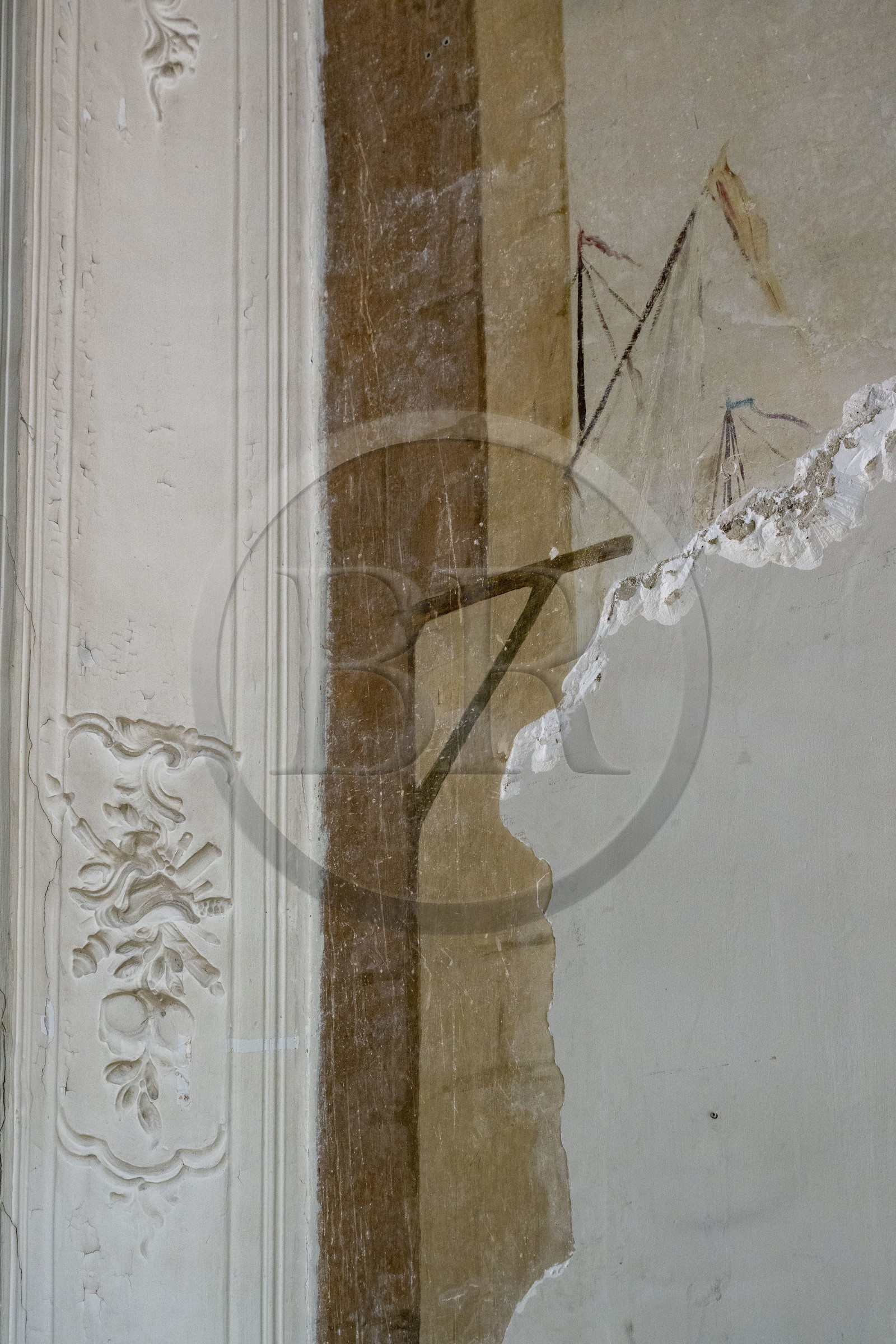 France, Bouches du Rhone, Aix en Provence, Bastide du Jas de Bouffan, former home of Paul Cezanne from 1859 to 1899, fragments of a painting attributed to Paul Cezanne and called by its discoverers L'Entrée du Port, discovered in August 2023 during renovation work on the grand salon