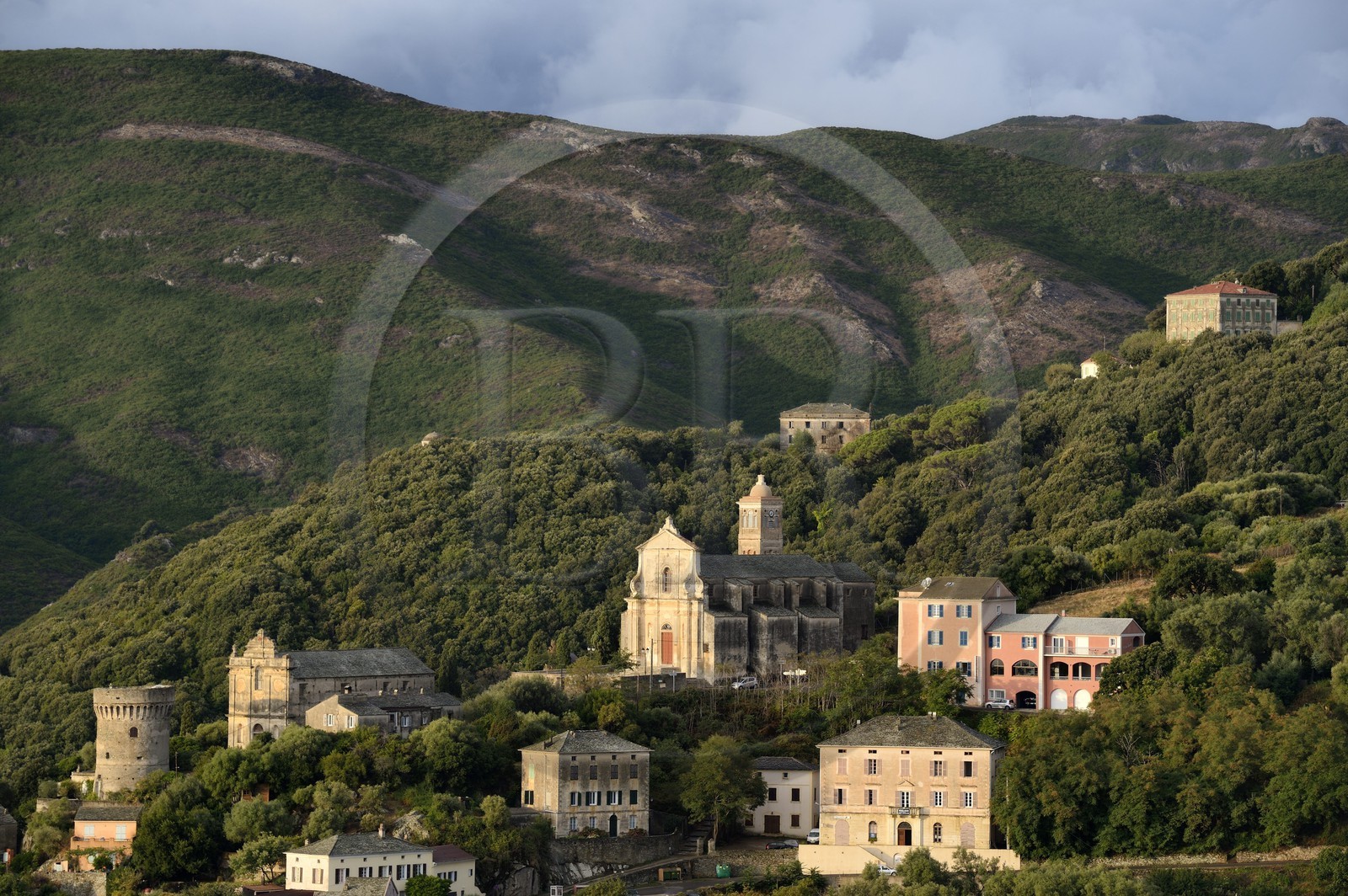 France, Haute Corse, Cap Corse, Rogliano municipality, village of Bettolacce (Bettulace) overlooked by the round Genoese tower della Parocchia, fortified tower of the fifteenth century