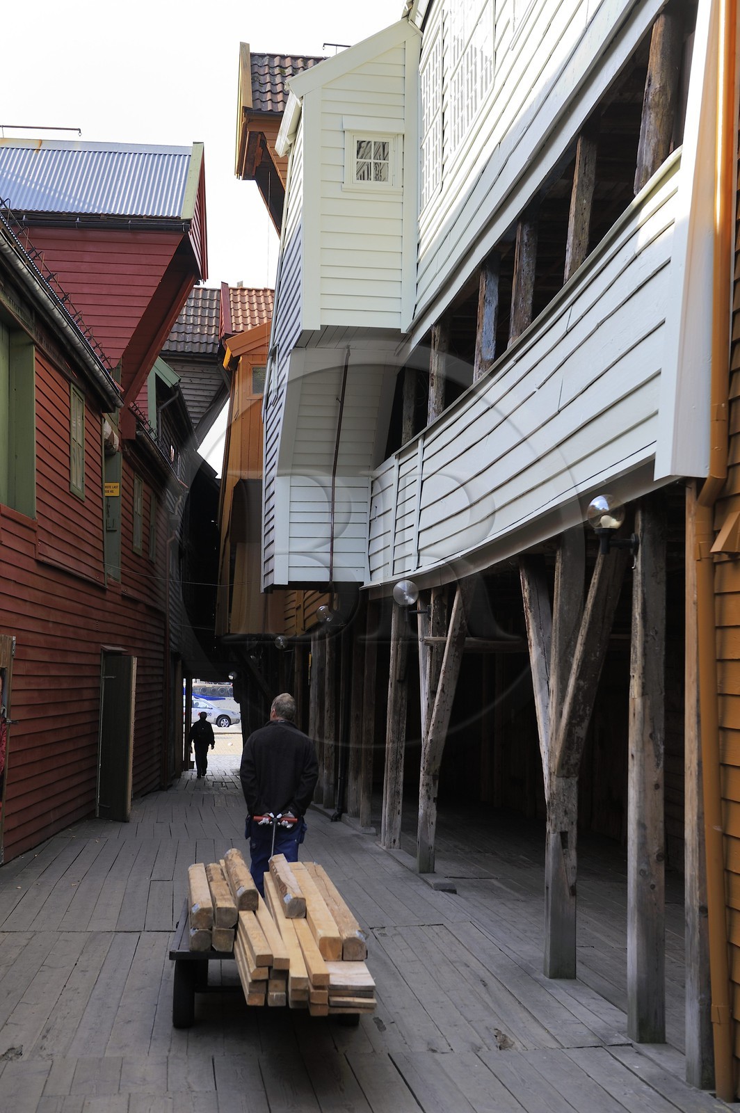 Norvège, comté de Hordaland, Bergen, maisons en bois du quartier de Bryggen, classé Patrimoine Mondial de l'UNESCO, ancien comptoir de la ligue hanséatique (la Hanse)