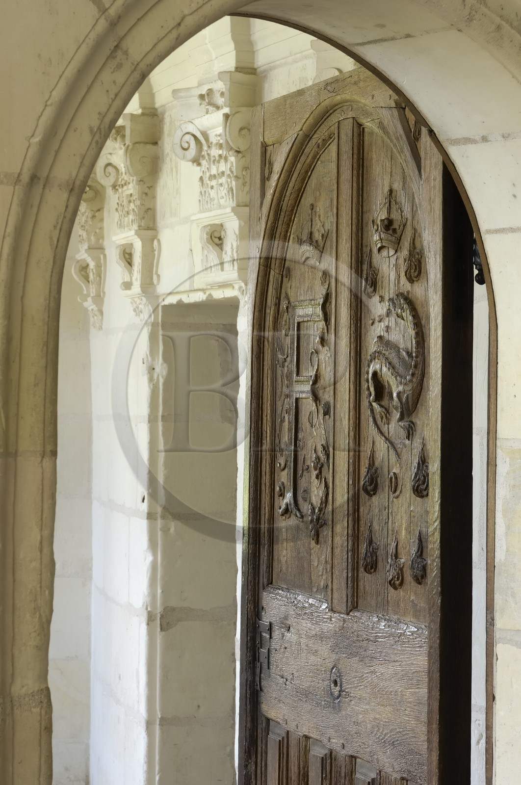France, Loir et Cher (41), Vallée de la Loire classée Patrimoine Mondial de l' UNESCO, château de Chambord, détail d'une porte Renaissance avec le F et la salamandre de François 1er, menant sur l'oratoire